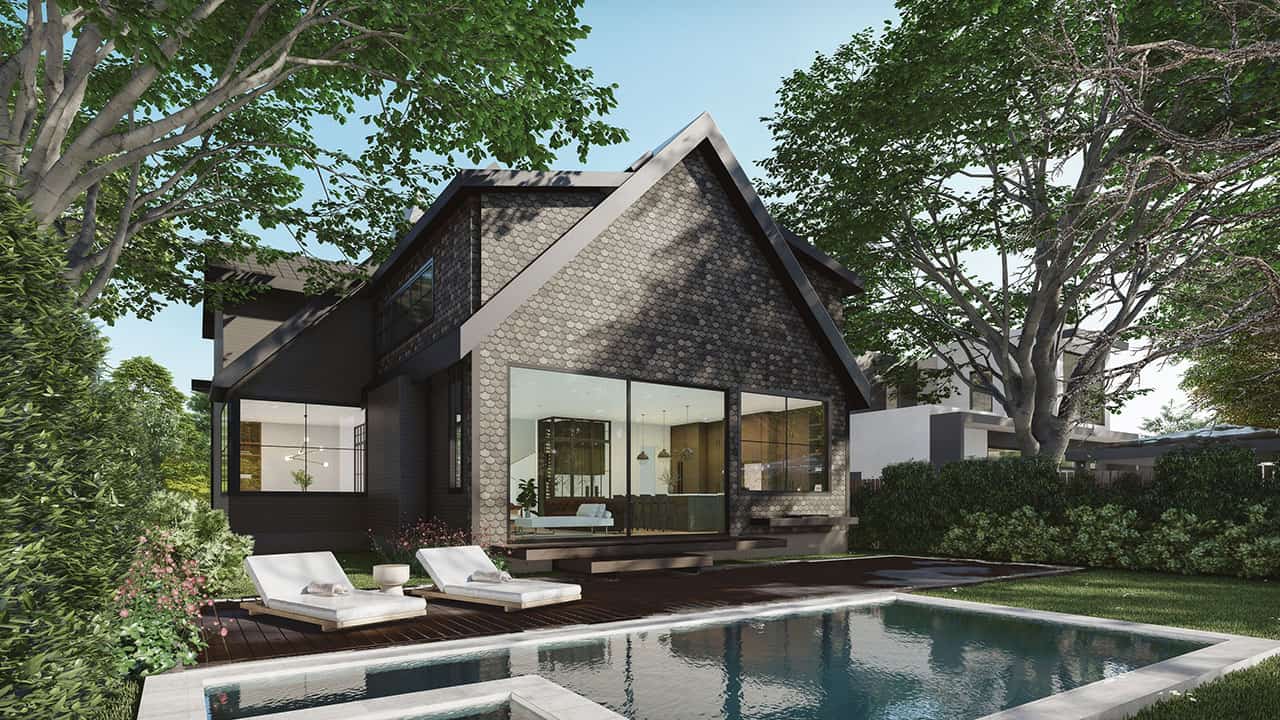 Pool side view of Zilker Park Modern Victorian New Build